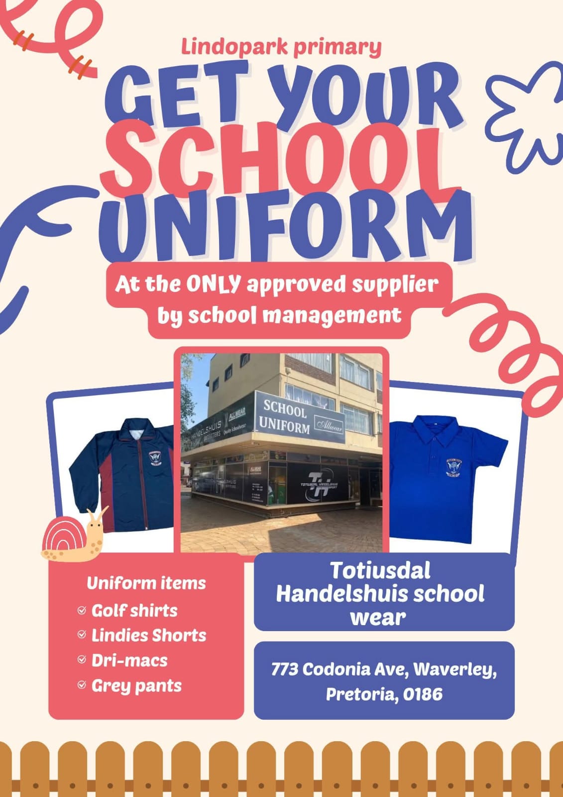 Laerskool LindoPark sports uniform consisting of a white golfer and navy-blue shorts